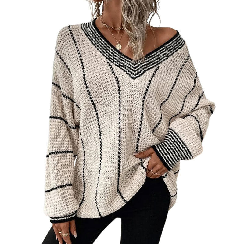 Pull Décontracté Ample à Motif Vertical pour Femme