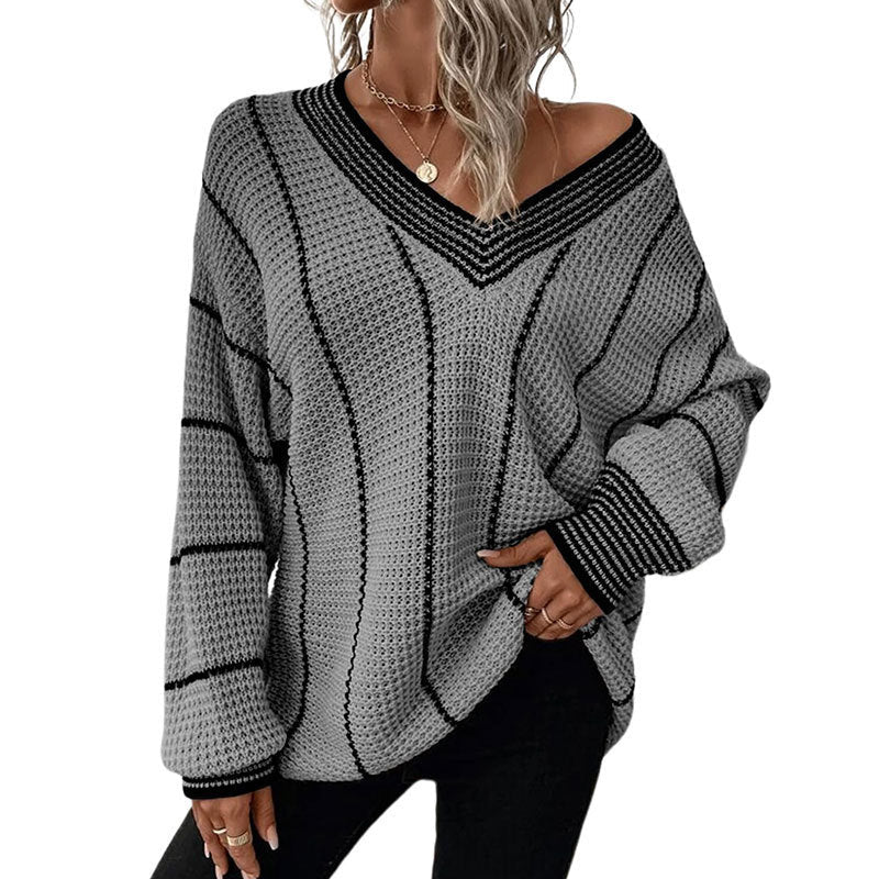 Pull Décontracté Ample à Motif Vertical pour Femme